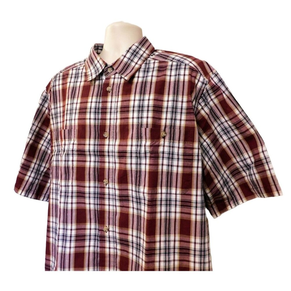 King Size Shirt Mens 2XL Maroon White Button Down Short Slv Plaid Cotton Blend